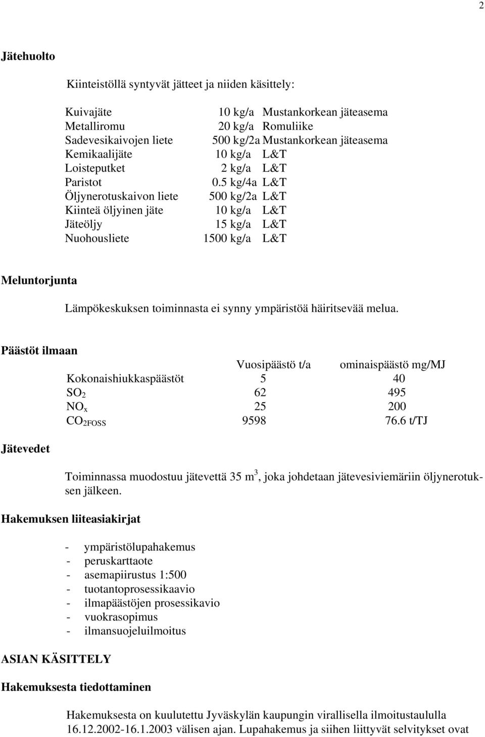 5 kg/4a L&T 500 kg/2a L&T 10 kg/a L&T 15 kg/a L&T 1500 kg/a L&T Meluntorjunta Lämpökeskuksen toiminnasta ei synny ympäristöä häiritsevää melua.