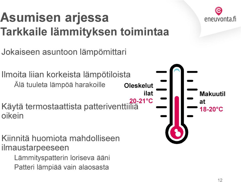termostaattista patteriventtiiliä oikein Oleskelut ilat 20 21 C Makuutil at 18 20 C