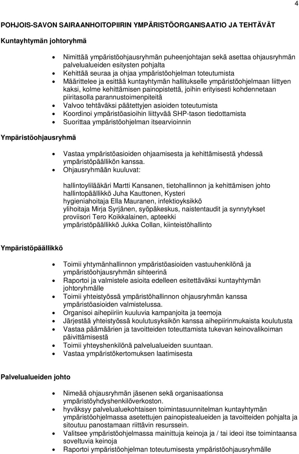 painopistettä, joihin erityisesti kohdennetaan piiritasolla parannustoimenpiteitä Valvoo tehtäväksi päätettyjen asioiden toteutumista Koordinoi ympäristöasioihin liittyvää SHP-tason tiedottamista