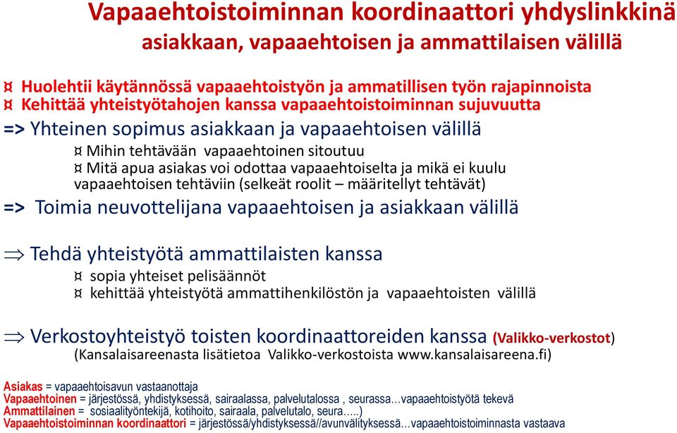 vapaaehtoisen tehtäviin (selkeät roolit määritellyt tehtävät) => Toimia neuvottelijana vapaaehtoisen ja asiakkaan välillä Tehdä yhteistyötä ammattilaisten kanssa sopia yhteiset pelisäännöt kehittää