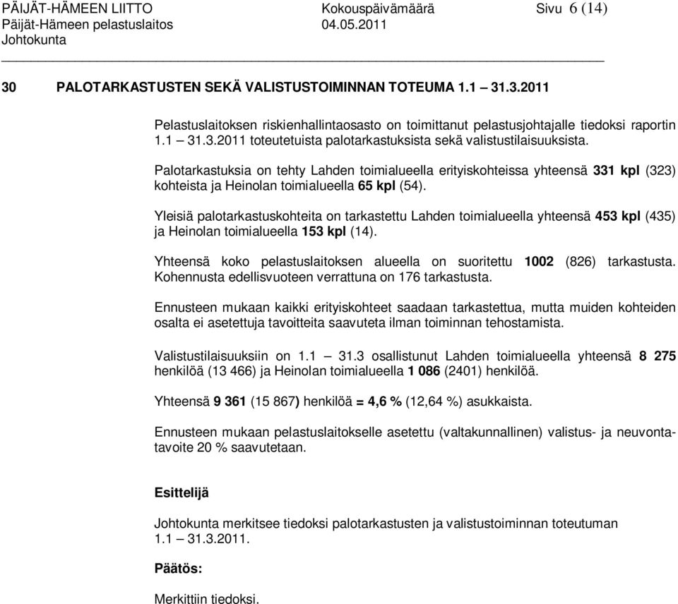 Palotarkastuksia on tehty Lahden toimialueella erityiskohteissa yhteensä 331 kpl (323) kohteista ja Heinolan toimialueella 65 kpl (54).