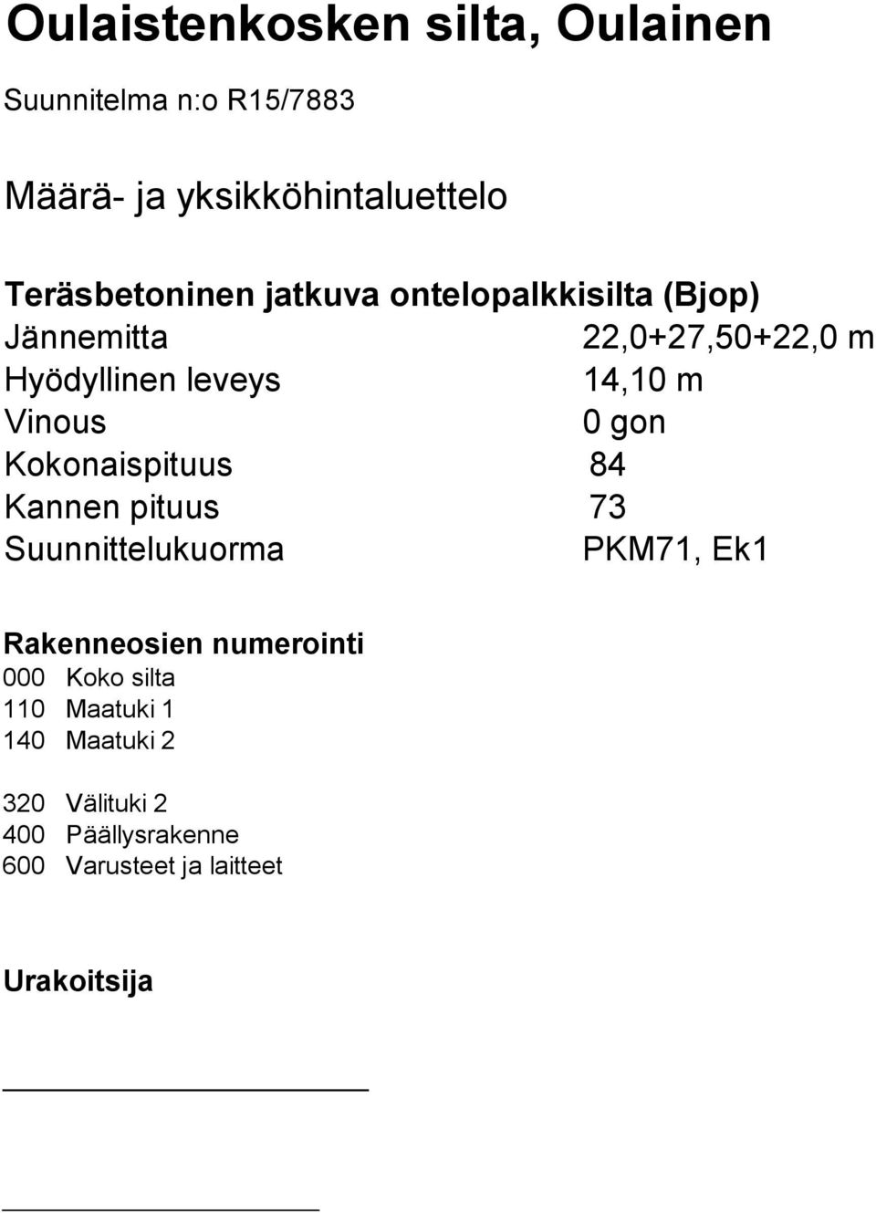 m Vinous 0 gon Kokonaispituus 84 Kannen pituus 73 Suunnittelukuorma PKM71, Ek1 Rakenneosien