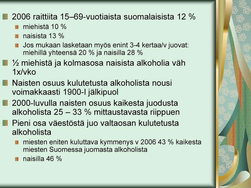 voimakkaasti 1900-l jälkipuol 2000-luvulla naisten osuus kaikesta juodusta alkoholista 25 33 % mittaustavasta riippuen Pieni osa väestöstä