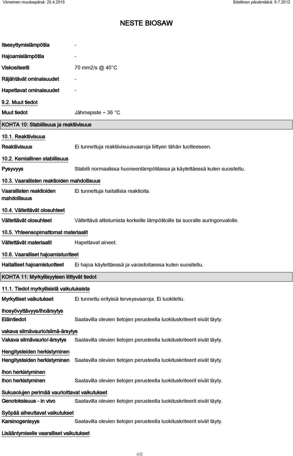 Kemiallinen stabiilisuus Pysyvyys Stabiili normaalissa huoneenlämpötilassa ja käytettäessä kuten suositeltu. 10.3.