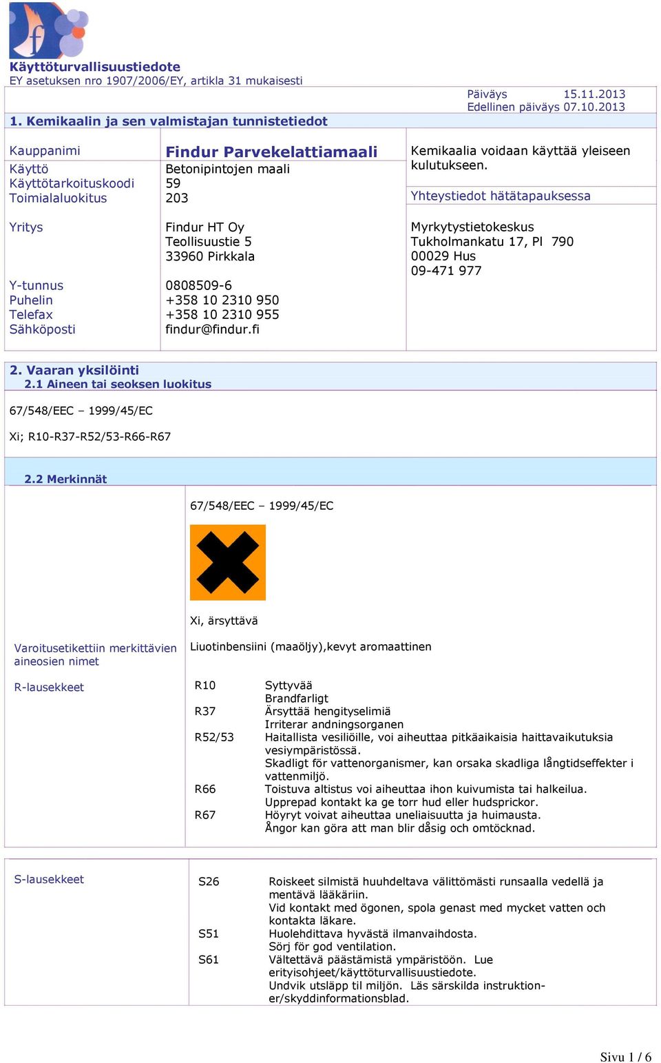 Yhteystiedot hätätapauksessa Yritys Y-tunnus Puhelin Telefax Sähköposti Findur HT Oy Teollisuustie 5 960 Pirkkala 0808509-6 +58 10 210 950 +58 10 210 955 findur@findur.