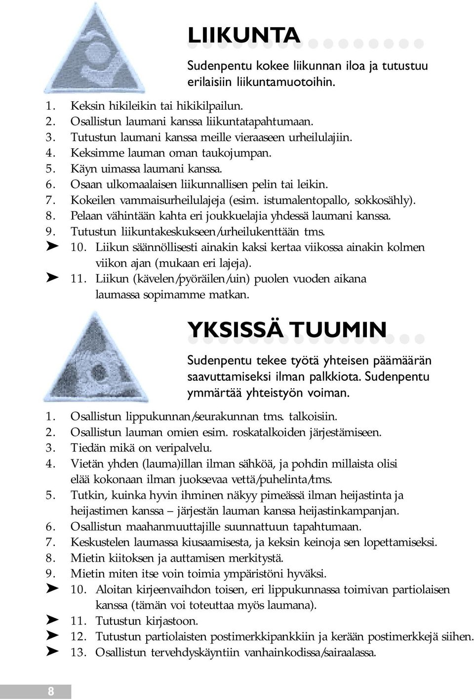 Kokeilen vammaisurheilulajeja (esim. istumalentopallo, sokkosähly). 8. Pelaan vähintään kahta eri joukkuelajia yhdessä laumani kanssa. 9. Tutustun liikuntakeskukseen/urheilukenttään tms. 10.