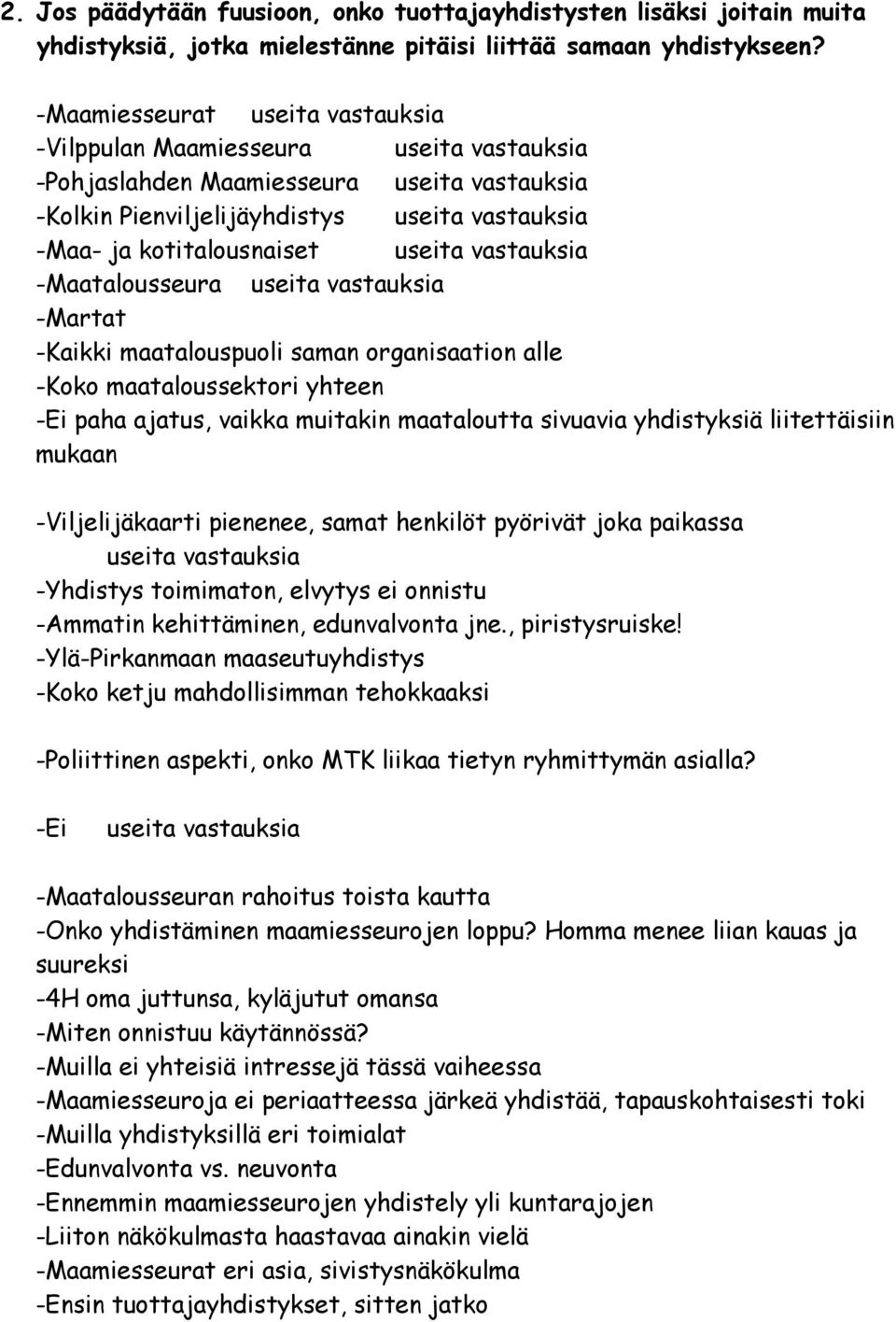 useita vastauksia -Maatalousseura useita vastauksia -Martat -Kaikki maatalouspuoli saman organisaation alle -Koko maataloussektori yhteen -Ei paha ajatus, vaikka muitakin maataloutta sivuavia