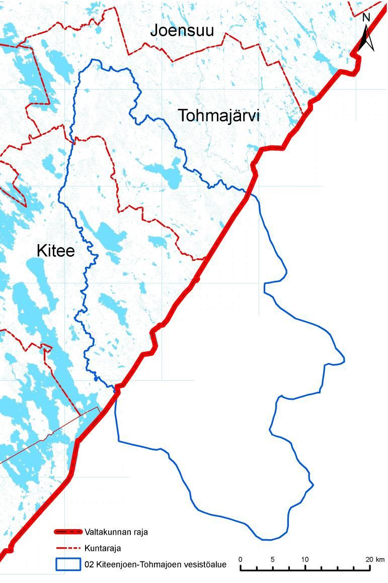 Kuva 2. Kiteenjoen-Tohmajoen vesistöalue ja alueen kuntarajat. ( SYKE, Maanmittauslaitos lupa nro 7/MML/10, Pohjois-Karjalan ELY-keskus) Taulukko 1.