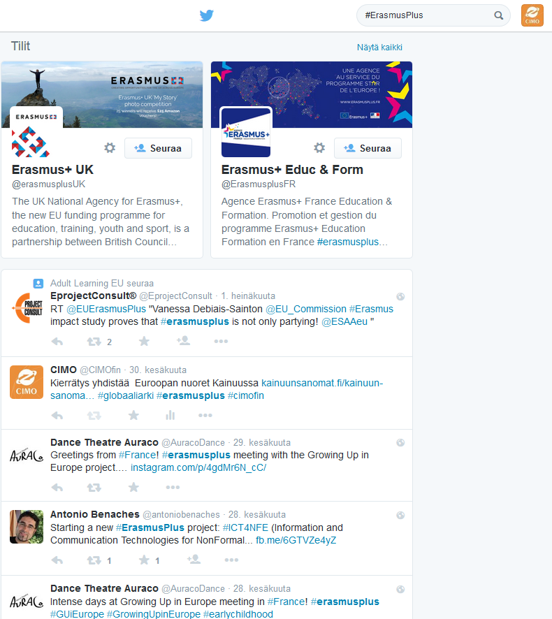 Twitter: #ErasmusPlus Yleiseurooppalai nen viitekehys + @cimofin
