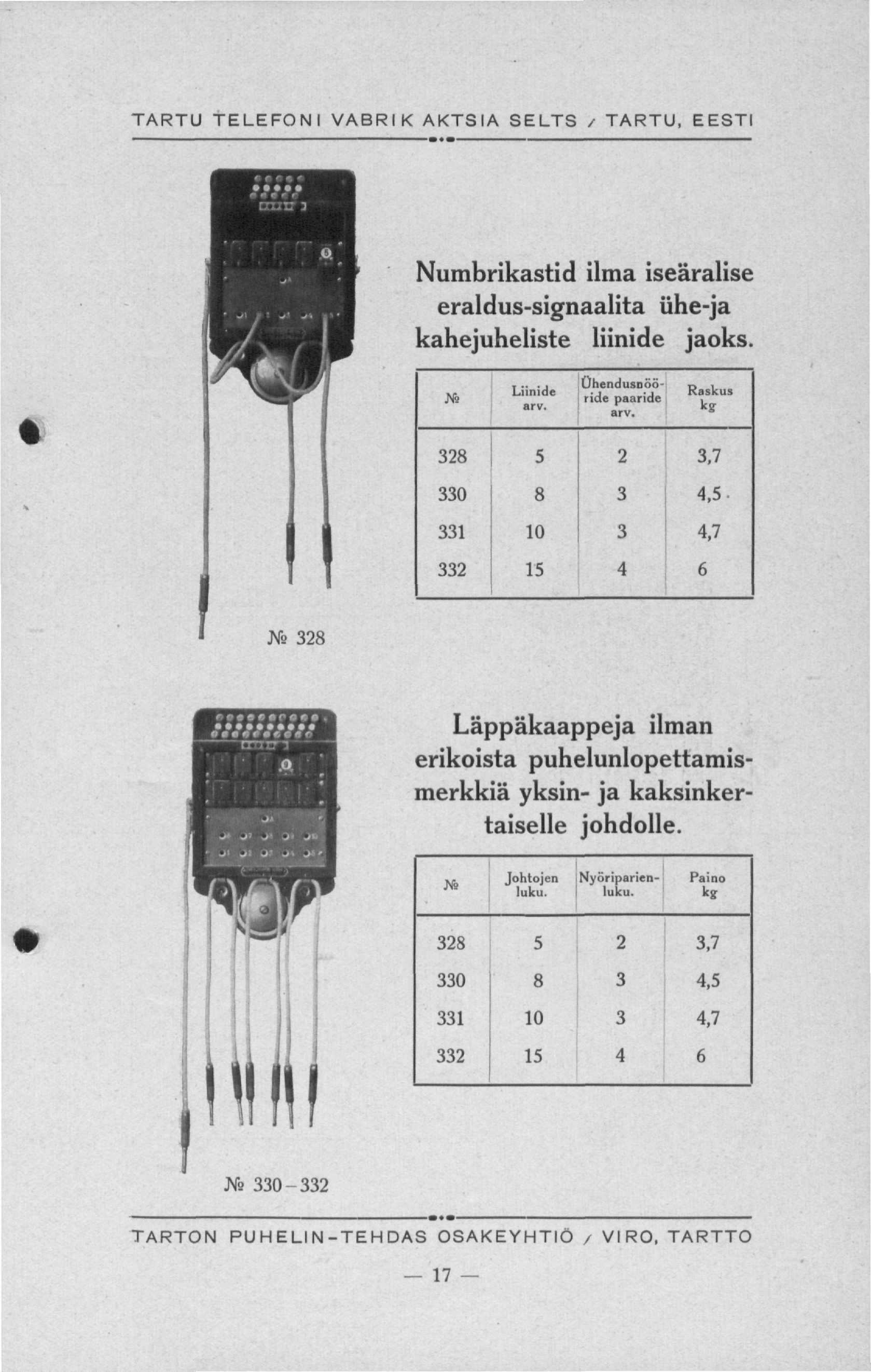 Numbrikastid ilma iseäralise eraldus-signaalita ühe-ja kahejuheliste liinide jaoks....., Ühenduscöö- D i ^ Lnnide r ide ide Raskus k * 328 5 2 3,7 330 8 3 4,5-331 10 3 4,7 332 15 4 6 No.