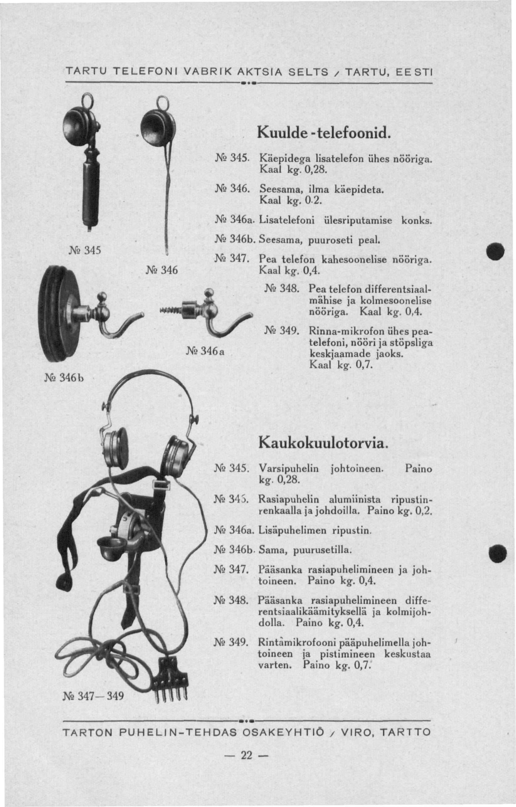 " m m " ' ' n n Kuulde -telefoonid. Ne 345. Käepidega lisatelefon ühes nööriga. Kaal kg. 0,28. Ne 346. Seesama, ilma käepideta. Kaal kg. 0.2. Ne 346a. Lisatelefoni ülesriputamise konks.