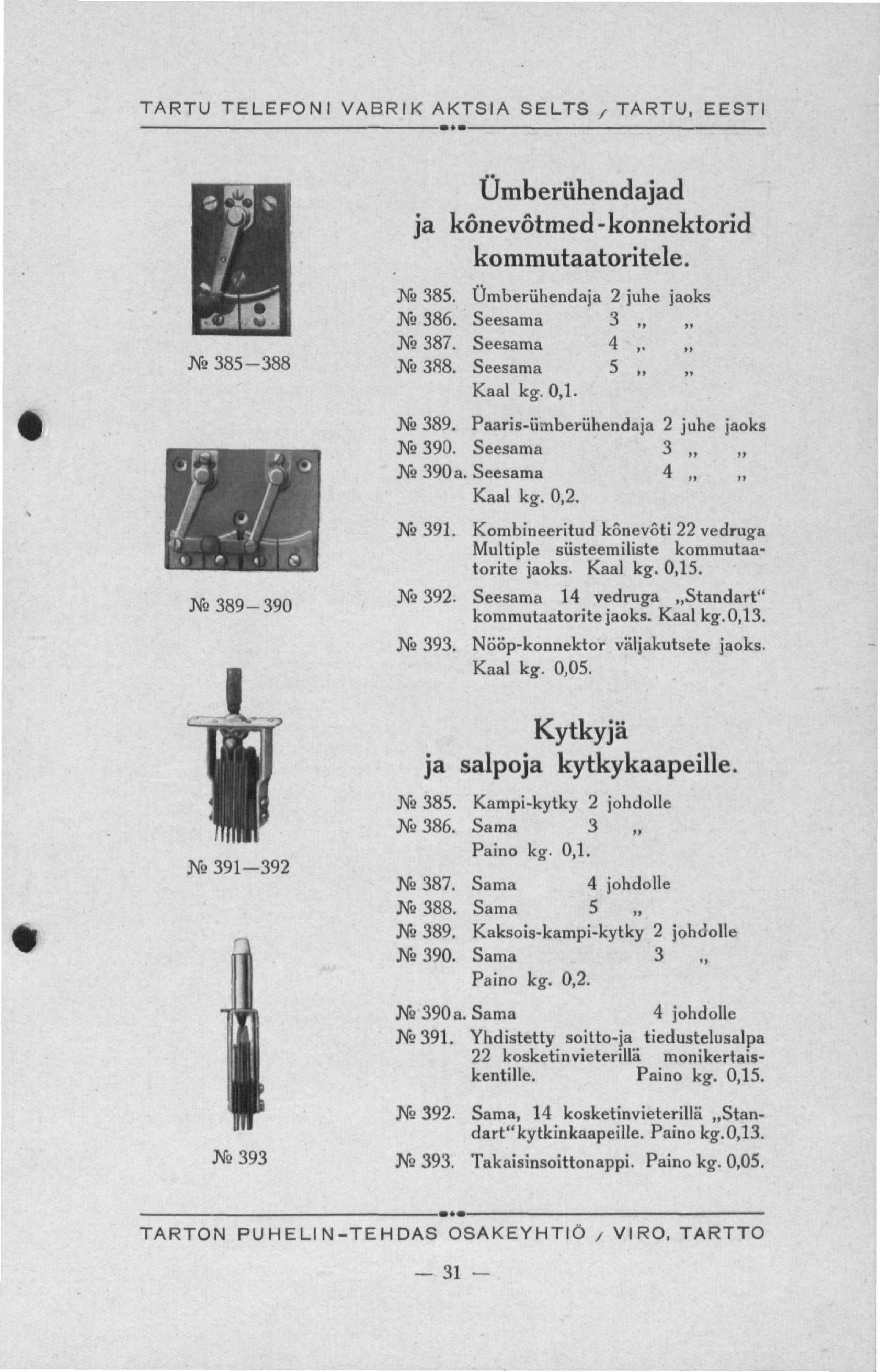 TARTU TELEFONI VABRIK AKTSIA SELTS, TARTU, EESTI Ns 385-388 Nb 389-390 m Ns 391-392 JVŠ393 Ümberühendajad ja kõnevõtmed-konnektorid kommutaatoritele. Ns 385. Umberühendaja 2 juhe jaoks N 386.