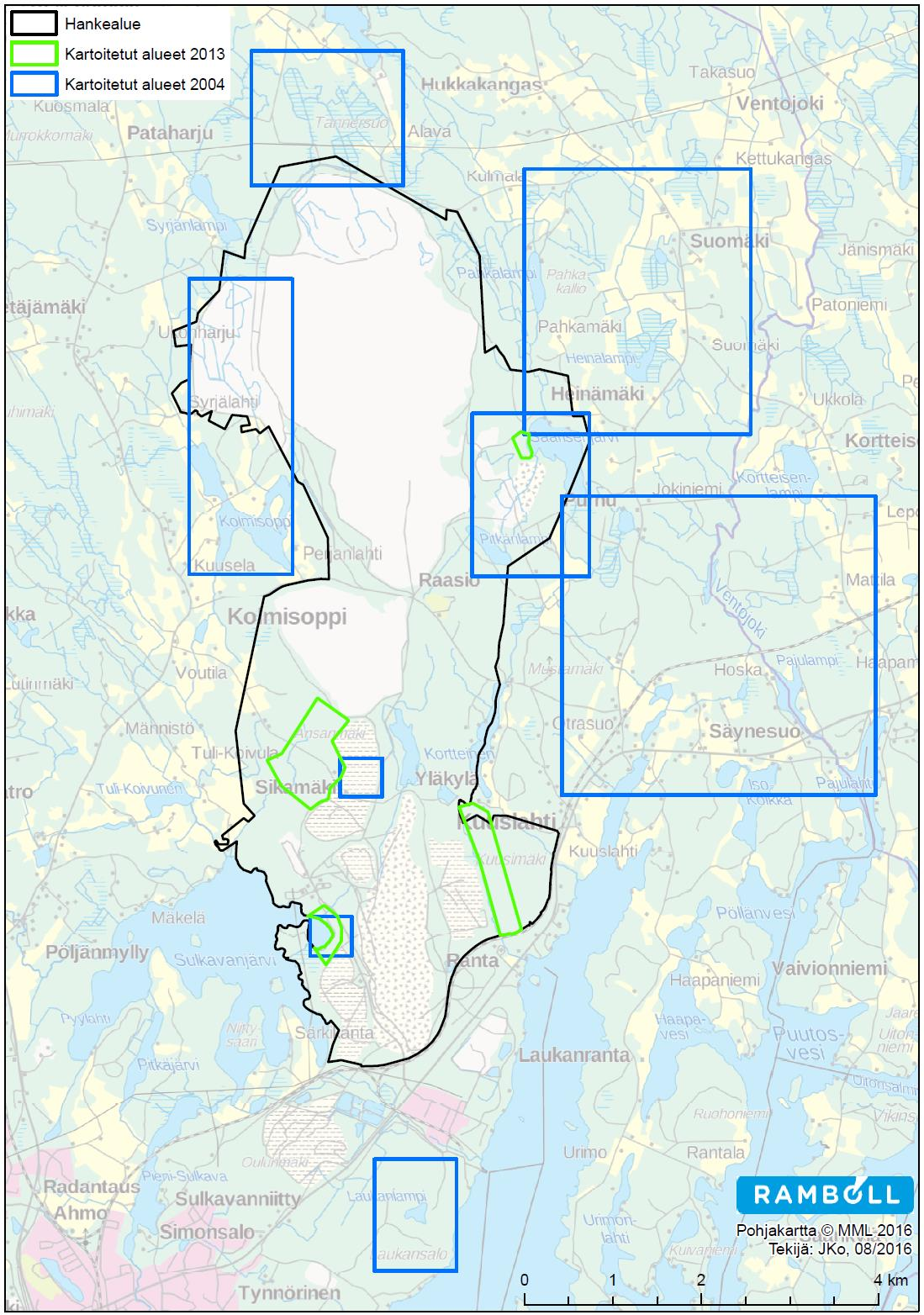 44 ja 2013 kasvillisuuskartoituksissa mukana olleet alueet on esitetty seuraavassa kuvassa (Kuva 6-8). Kuva 6-8. Luontokartoitusalueet vuosina 2004 ja 2013.