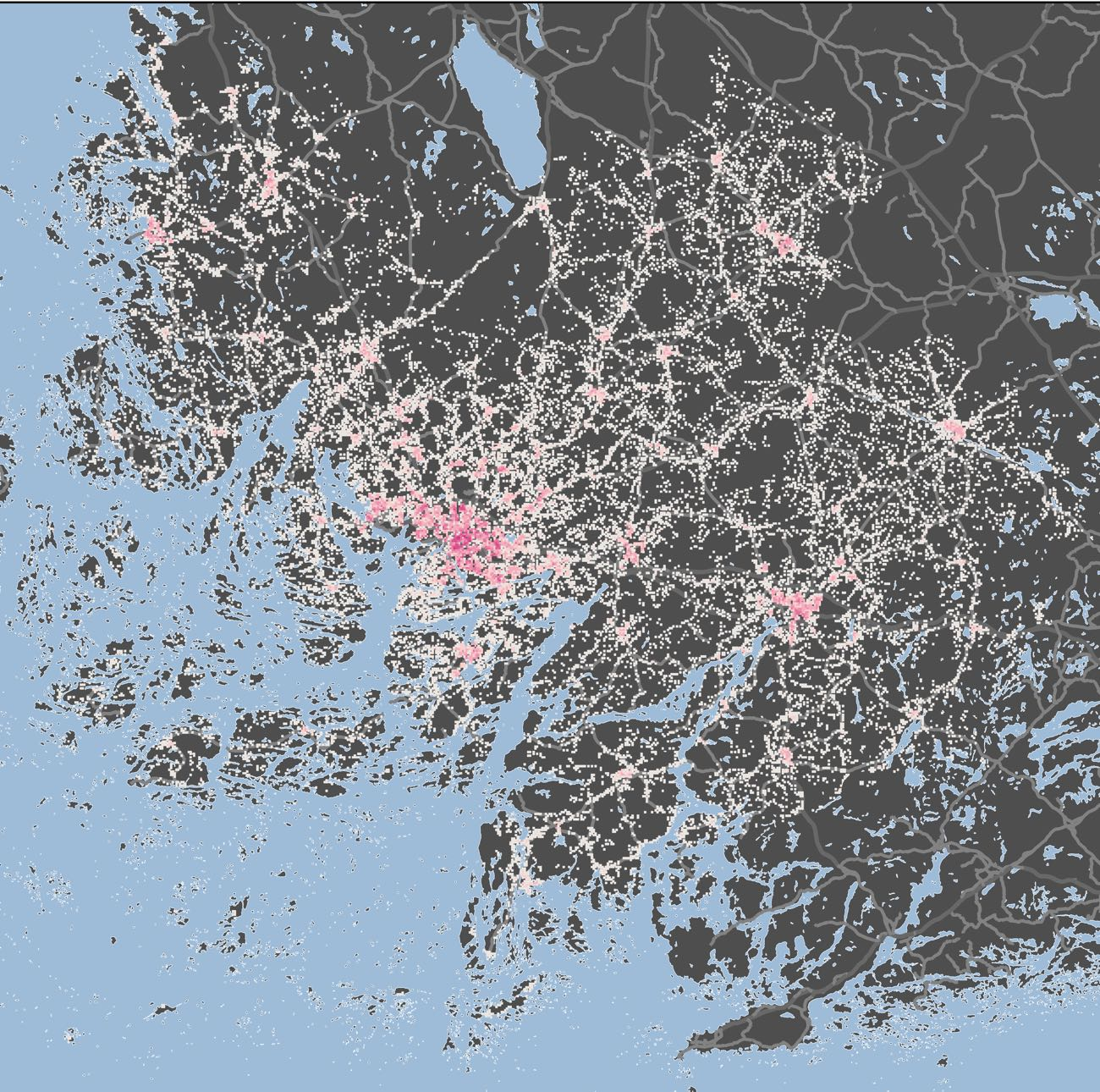 Yhdyskuntarakenteen hajautuminen ja taajamien kehitykseen vaikuttavat tekijät Kuva X: Väestön levinneisyys Varsinais-Suomessa 2010, Lähde SYKE/YKR Yhdyskuntarakenteen hajautuminen siihen liittyvine