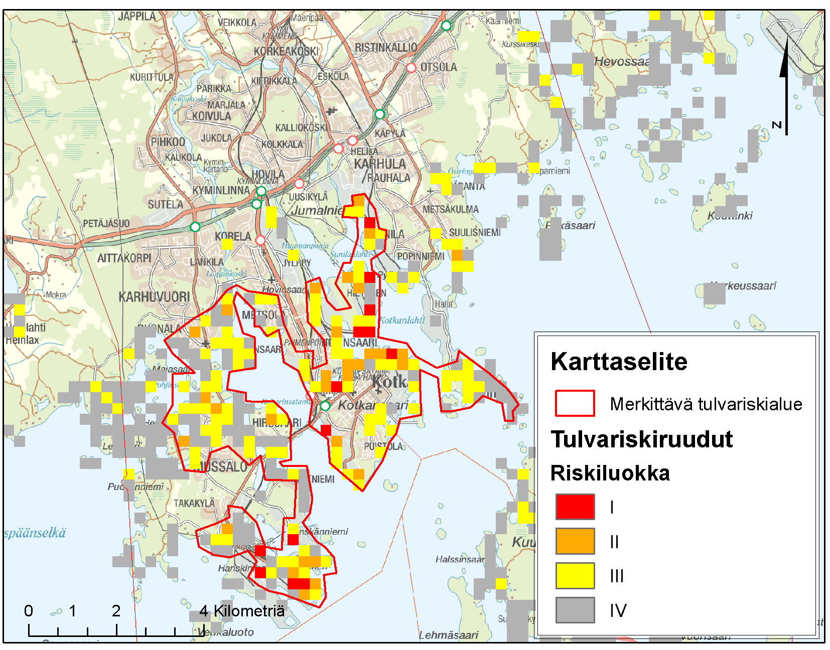 7.2 Kaakkois-Suomen rannikon tulvariskialueet Kohdan 6 tarkastelun perusteella merkittävimmät tulvariskialueet rannikolla sijoittuvat Kotkaan ja Haminaan.