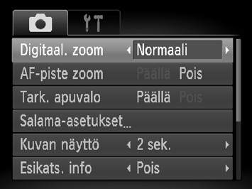 Zoomaaminen lähemmäksi kohteita (Digitaal. zoom) Digitaalinen telejatke Objektiivin polttoväliä voidaan kasvattaa 1,5x- ja 2,0x-zoomauskertoimia vastaavaksi.