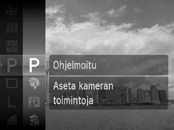 G Kuvaaminen Ohjelmoitu automatiikka -tilassa Voit valita haluamasi asetukset eri toiminnoille. AE tulee sanoista Auto Exposure (automaattinen valotus). Aseta tilanvalitsin 4-asentoon (s. 42).