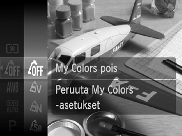 Kuvan sävyn muuttaminen (My Colors) Voit kuvauksen aikana vaihtaa kuvan sävyksi seepian tai mustavalkoisen. Valitse My Colors. Paina m-painiketta ja valitse. Paina sitten m-painiketta.