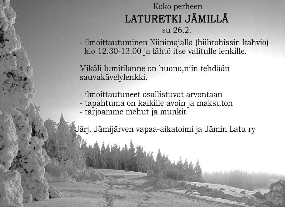Yleisön pyynnöstä Jämijärvi Amazing Racen uudelleen uusin tehtävin la 6.5.2017 klo 16.00 Kerää 3-4 hengen joukkue (yli 15 v.) ja lähde erilaisella tutustumisretkelle Jämijärvelle.