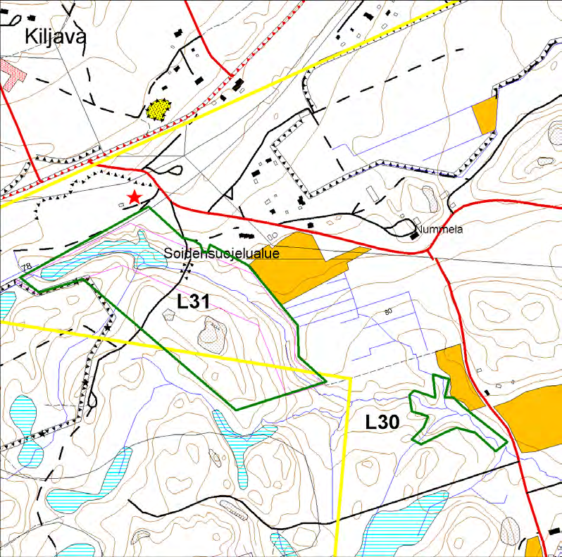Kuva 12. Kiljavan lähteikkö (L31) ja Liimaniitunojan latva (L30). Punaisella tähdellä on merkitty Kiljavan seisakkeen paikka, josta on löydetty uhanalaisen setrivahakas.