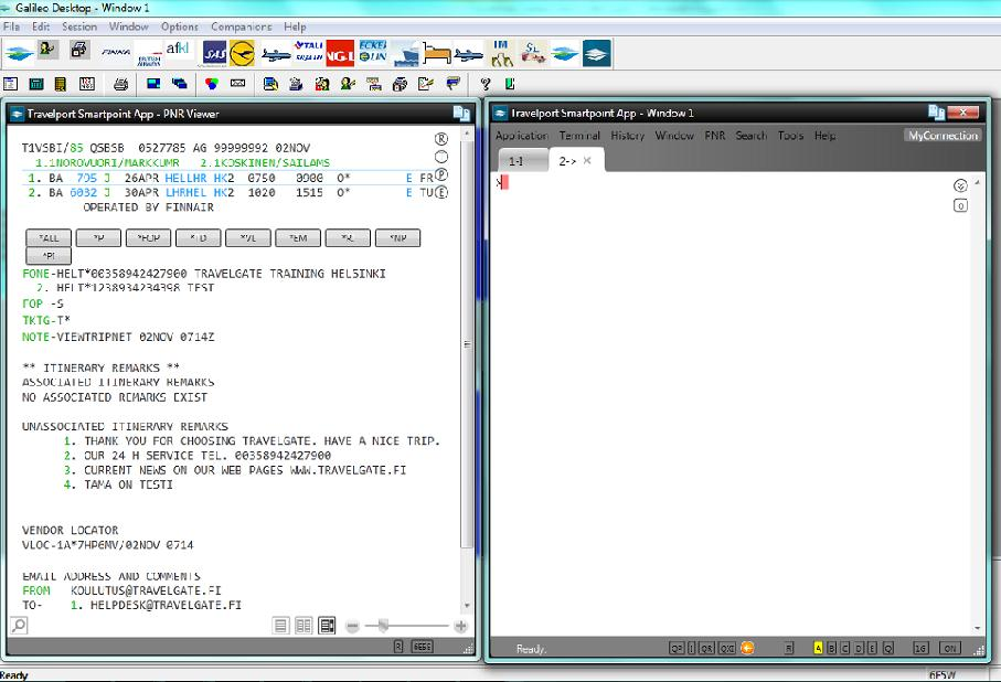 Travelport Smartpoint Smartpoint -työpöytä koostuu kahdesta perusosasta: PNR Viewer, jossa varaus on koko ajan esillä Työskentelyikkuna, jossa