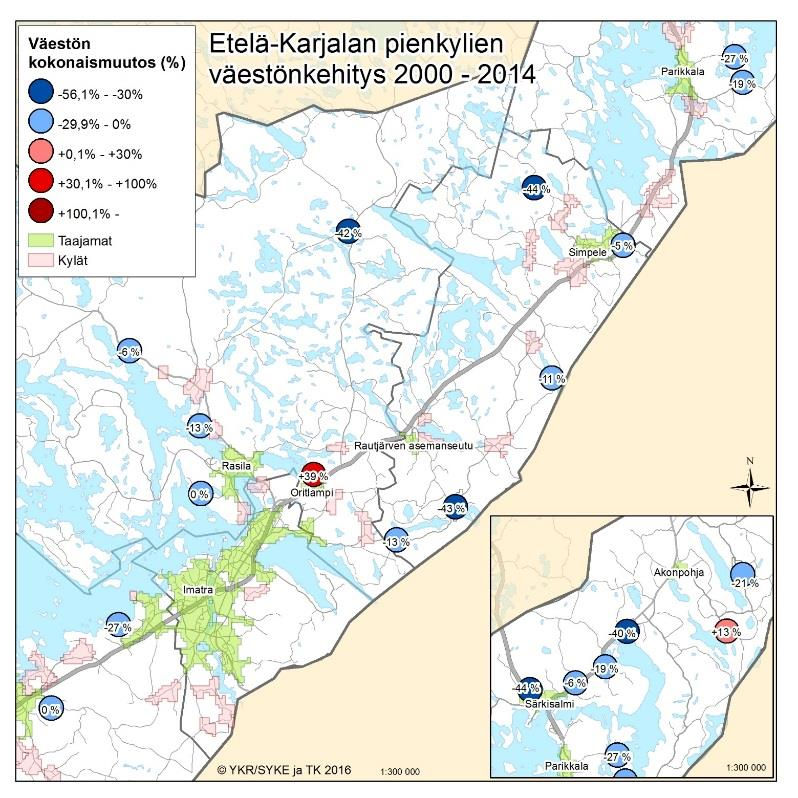 PIENKYLÄT Etelä-Karjalassa oli v. 2000 (20-39 asukkaan) pienkyliksi luokiteltuja alueita 101 kappaletta, joiden yhteispinta-ala oli 73,7 km².