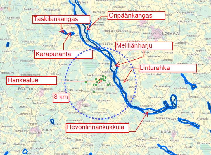 Kuva 5.5 Lähimmät pohjavesialueet ja tällä hetkellä sijaitsevat lannanlevityspellot (vihreät neliöt). Alueella on voimassa Lounais-Suomen pohjavesien toimenpideohjelma vuosille 2016 2021.