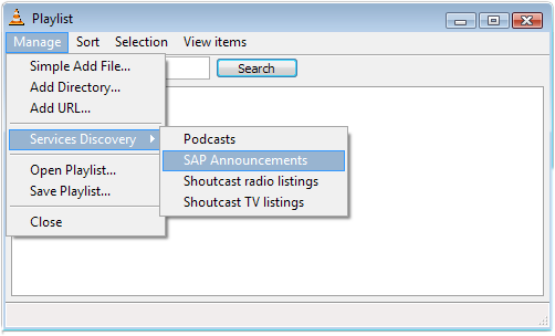 1 Ryhmälähetyksen vastaanotto VLC:n avulla LIITE 2 Lähetyksen vastaanoton käynnistys SAP-mainostuksen tietojen perusteella Vastaanoton käynnistys tapahtuu valitsemalla VLC-ohjelman View valikon alta
