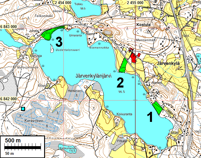 3 Yleiskartta Tutkitut alueet vihreällä, Järvenkylän kylätontti punaisella. Inventointi Inventoinnin maastotyö suoritettiin 1.12.2009, vuoden aikaan nähden hyvissä tutkimusolosuhteissa.