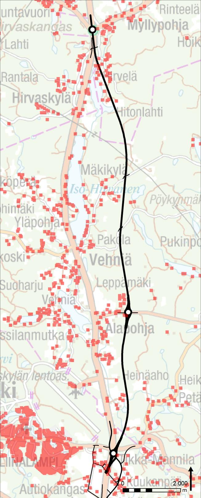 15 Ve C1 Ve C2 Kuva 6: Asutus tarkastelualueella. Asuin- ja lomarakennukset on merkitty punaisille neliöillä. 3.