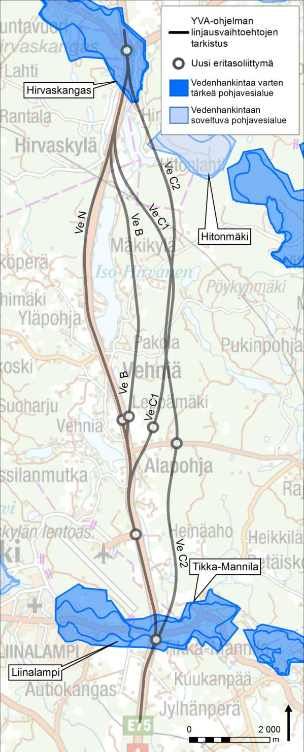 21 3.5 Luonto 3.5.1 Pohjavedet Kaikki hankevaihtoehdot sijoittuvat Tikka-Mannilan ja Hirvaskankaan vedenhankintaa varten tärkeille pohjavesialueille 800 1500 metrin matkalla (Kuva 8).