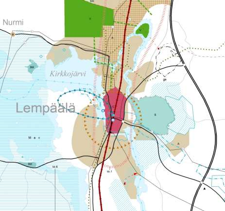 4 Arvioitavat maakuntakaavan merkinnät kaavaluonnos Ahtialanjärven etelä-, länsi- ja luoteisrannat on osoitettu taajamatoimintojen alueiksi (A), ja Lempäälässä radan länsipuoli keskustatoimintojen