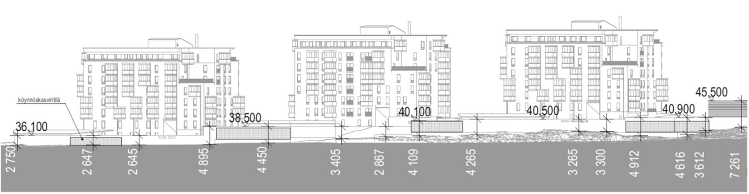 23 (38) Kuva: Kerrostalo- sekä melu- ja tukimuurijulkisivu Rastaalantielle, rakennusten korkeusasemat ja sijoittuminen maastoon. Optiplan Oy.