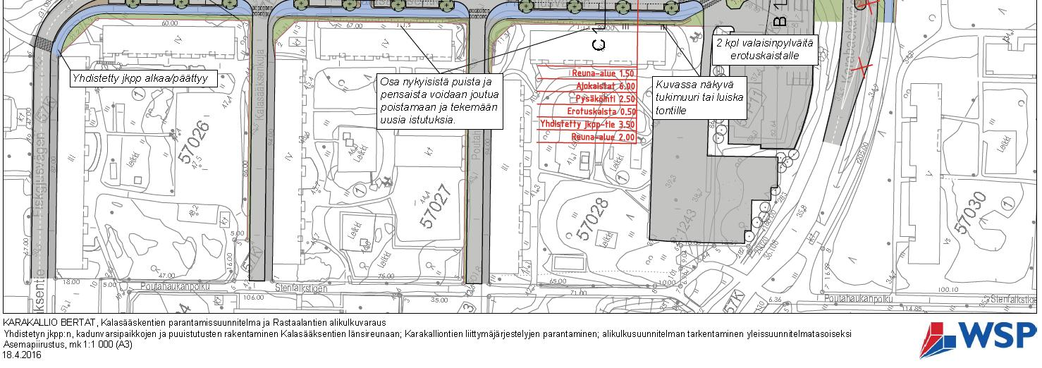 26 (38) Karakalliontien ajorataa on siirretty hieman etelämmäksi, jolloin bussipysäkille ja sen ohittavalle yhdistetylle jalankulku- ja pyörätielle on saatu enemmän tilaa.