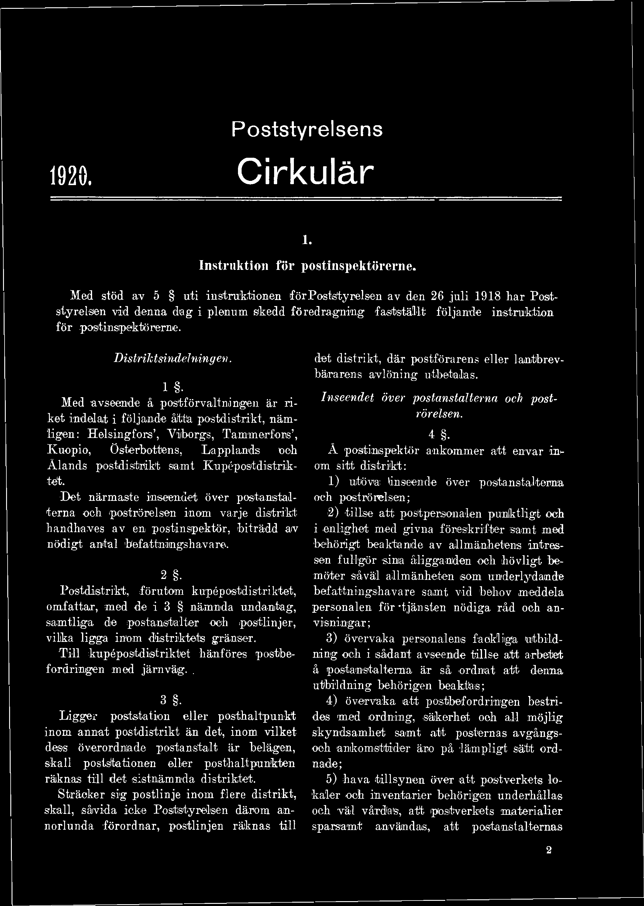 1920. Poststyrelsens Cirkulär 1. Instruktion för postinspektörerne.