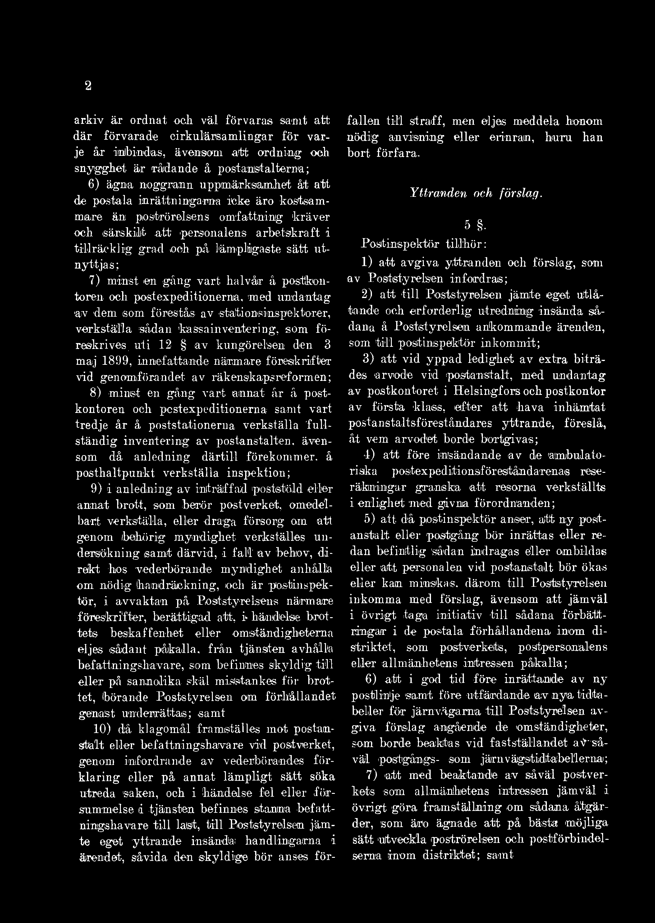 2 arkiv är ordnat och väl förvaras samt att där förvarade cirkulärsamlingar för varje år inbindas, ävensom att ordning ooh snygghet är rådande å postanstalterna; 6) ägna noggrann uppmärksamhet åt att