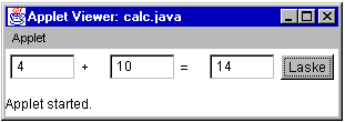 10 Kohti seittiohjelmointia Esimerkki: Java-sovelma Kirjoitetaan minimalistinen Java-applet (Java 1.1) joka laskee kaksi lukua yhteen ja näyttää vastauksen Java-ohjelma on varsin lyhyt (huom!
