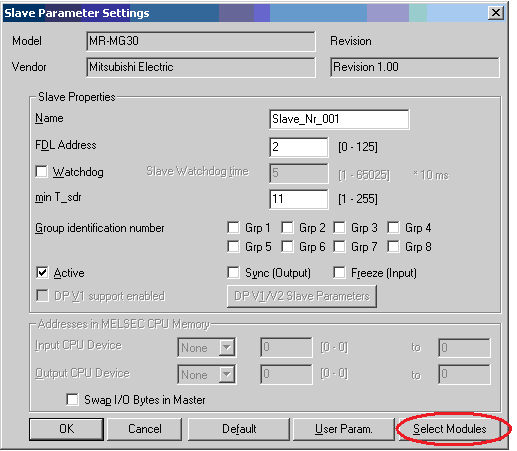 TUTKINTOTYÖ 18(45) 8. Kuvan 11 mukainen Slave Parameter Settings ikkuna avautuu, kun slave on valittu. Klikataan oikeasta alareunasta Select Modules -painiketta.