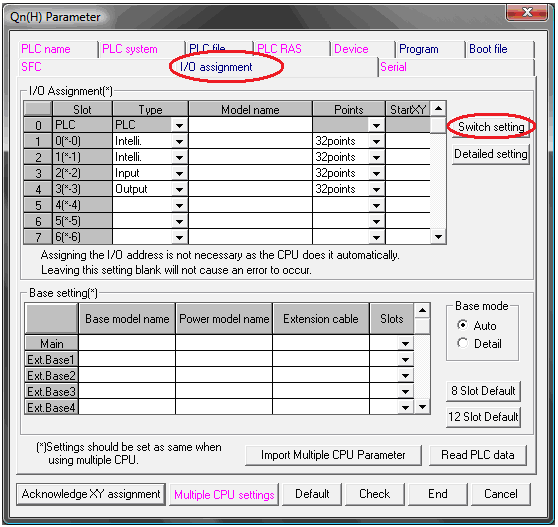 TUTKINTOTYÖ 22(45) Kuva 15 Qn(H) Parameter ikkuna ja I/O assigment välilehti 4. Määritetään Switch setting asetukset, kuten seuraavalla sivulla näkyvässä kuvassa 16.
