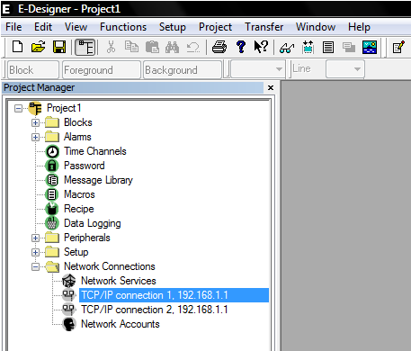 TUTKINTOTYÖ 29(45) Kuva 24 E-Designerin Project Manager 5. Näytölle avautuu kuvan 25 kaltainen TCP/IP Network Connection ikkuna.