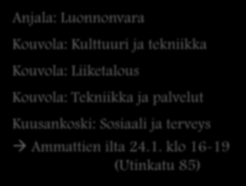 AMMATILLINEN PERUSKOULUTUS Kouvolan seudun ammattiopisto, KSAO Anjala: Luonnonvara Kouvola: Kulttuuri ja tekniikka Kouvola: Liiketalous Kouvola: Tekniikka