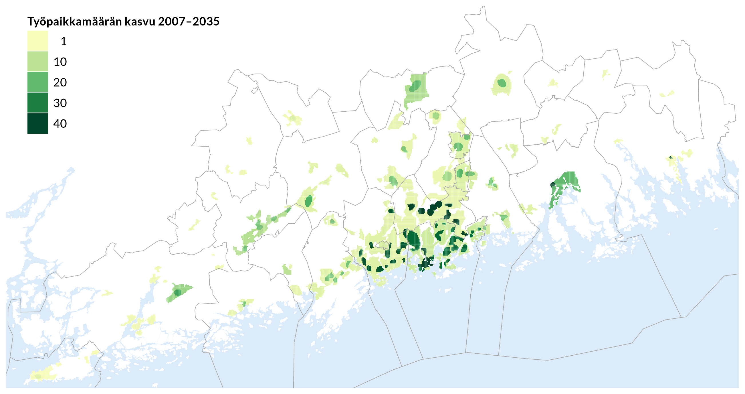 Työpaikkojen lisäys 2007-2035 Ruutujen työpaikkatiheys keskimäärin 851 tp