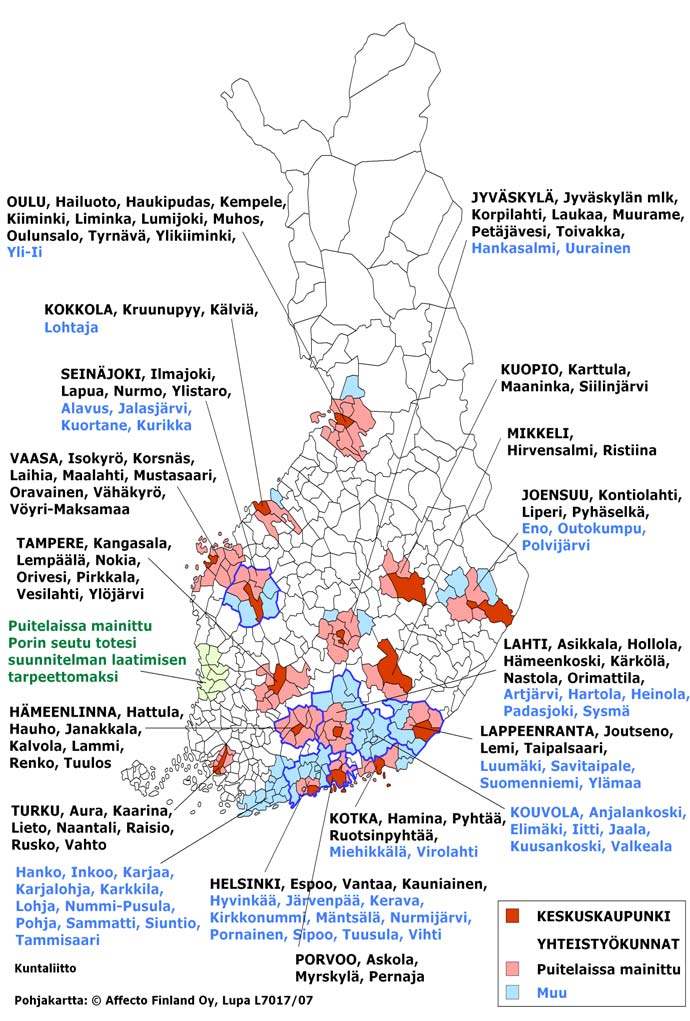 4 Kaupunkiseutusuunnitelman laatineet kunnat suunnitelman laatinut 18 seutua näistä kaksi vapaaehtoista (+Helsingin seutu) Porin seutu todennut