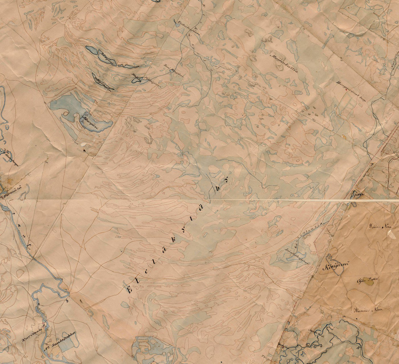 7 Kartta 5. Ote vuoden 1846 pitäjänkartasta (Rautio). Kartan vasemmassa alakulmassa on Kurikkalan kylä ja oikealla ylhäällä sinisen nuolen kohdalla Hangasrämeen torppa. 6.
