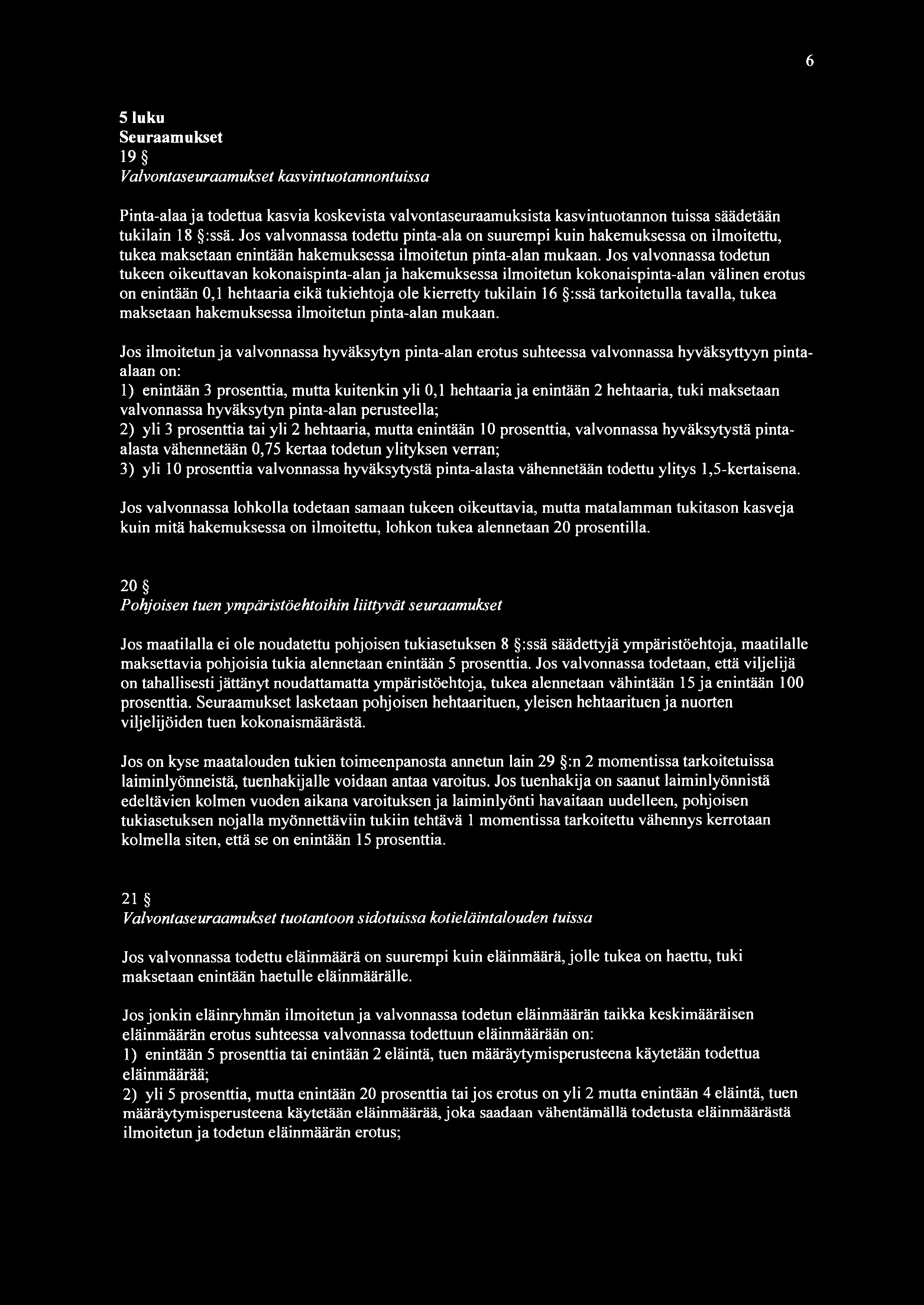 6 5 luku Seuraamukset 19 Valvontaseuraamukset kasvintuotannontuissa Pinta-alaa ja todettua kasvia koskevista valvontaseuraamuksista kasvintuotannon tuissa säädetään tukilain 18 :ssä.