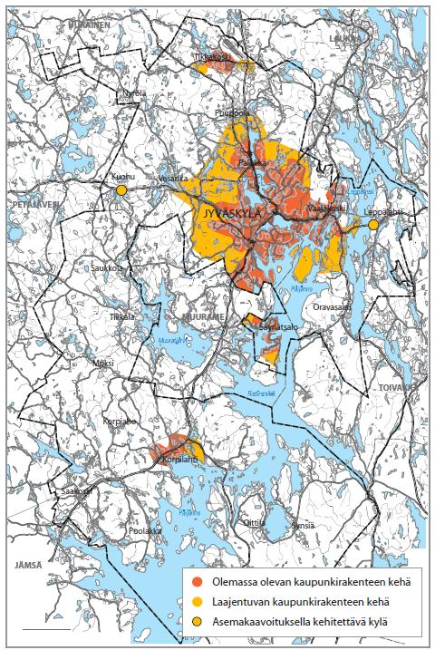 Yleiskaavan raamit: Laajenevan kaupunkirakenteen kehä (keltainen) Raamivaiheessa määritellään karttakuvalle: Alustava näkemys maankäytön periaatteista: työpaikka- ja asuinalueet Liikenneverkon
