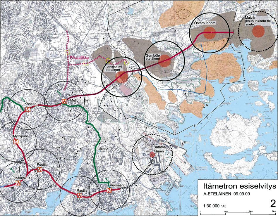 METROVAIHTOEHTOJA Vaihtoehdon 1. ominaisuuksia: Rataa jatketaan alueen pohjoislaidalla Porvoonväylän tuntumassa. Västerkullan kartano ja Sakarinmäen koulukeskus kierretään pohjoispuolelta.