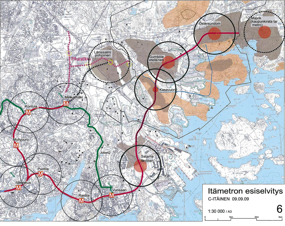 METROVAIHTOEHTOJA Vaihtoehdon 5. ominaisuuksia: Rataa jatketaan Vuosaaren asemalta satamakeskuksen länsireunalle ja satamarata alittaen Västerkullan kautta.