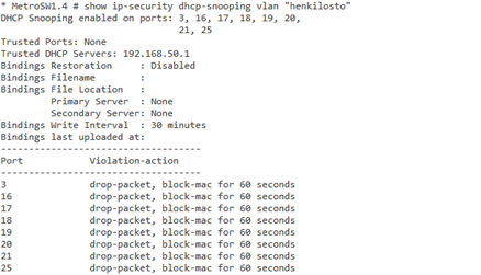 78 KUVIO 65. show ip-security dhcp-snooping entries tuotanto Henkilosto-VLANiin DHCP-snoopping konfiguroitiin kuvion 66 mukaisesti.