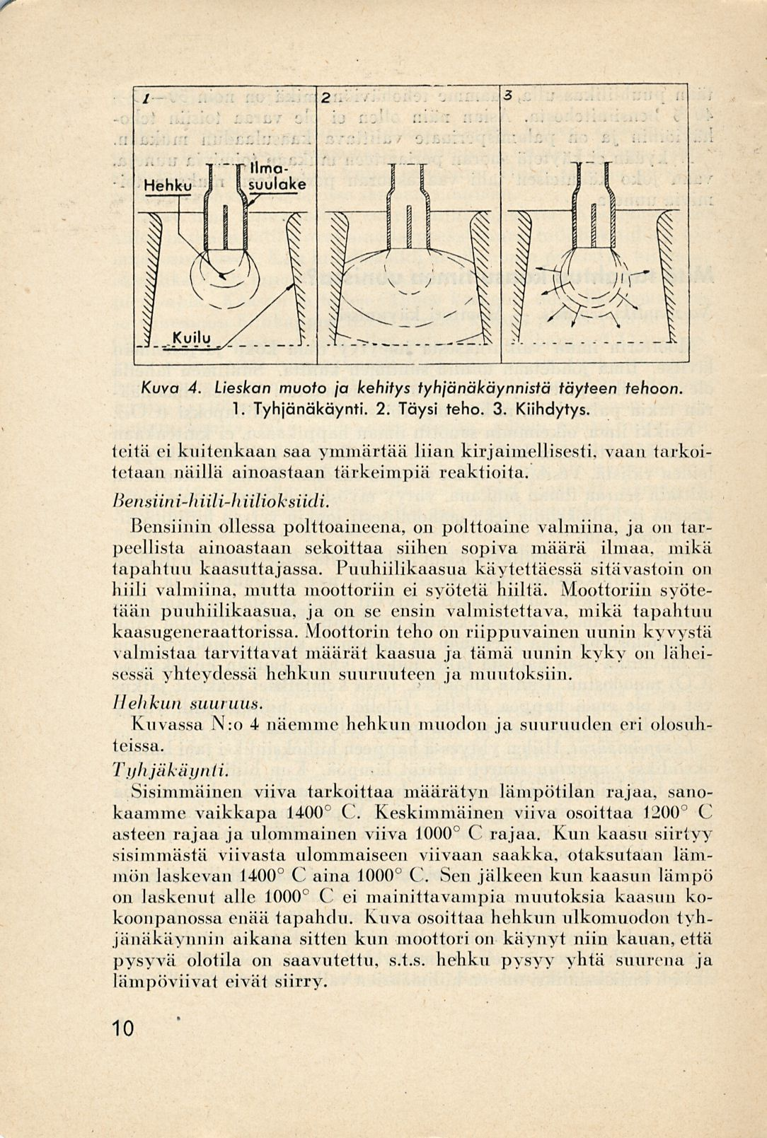 Kuva 4. Lieskan muoto ja kehitys tyhjänäkäynnistä täyteen tehoon. 1. Tyhjänäkäynti. 2. Täysi teho. 3. Kiihdytys.